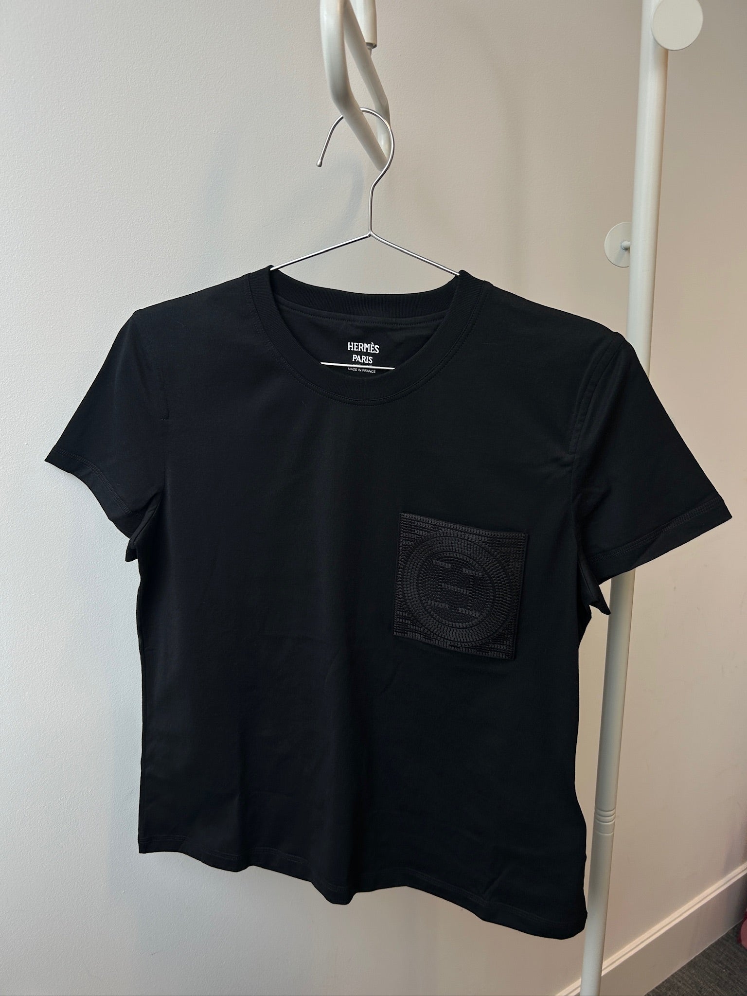 Size 38- Hermès Black Mosaique Embroidered pocket t-shirt