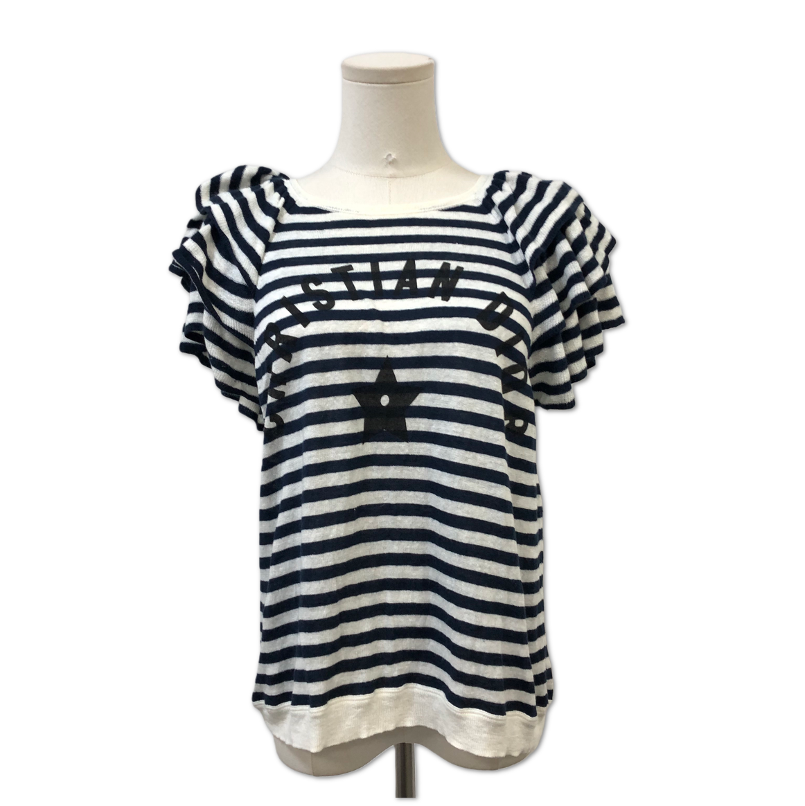 Dior Striped Ruffle-Sleeve Logo Knit Top size 40 C1365501246