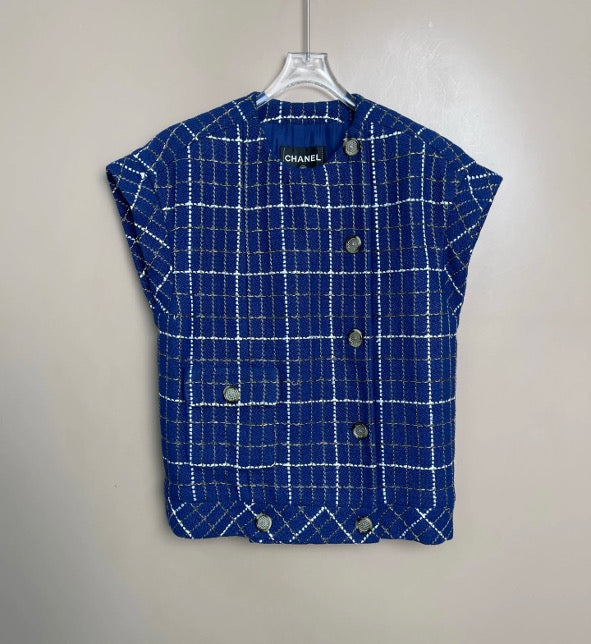Chanel Station Collection Blue and Gold Check Tweed Vest, Size 36 LZ260623VH0057