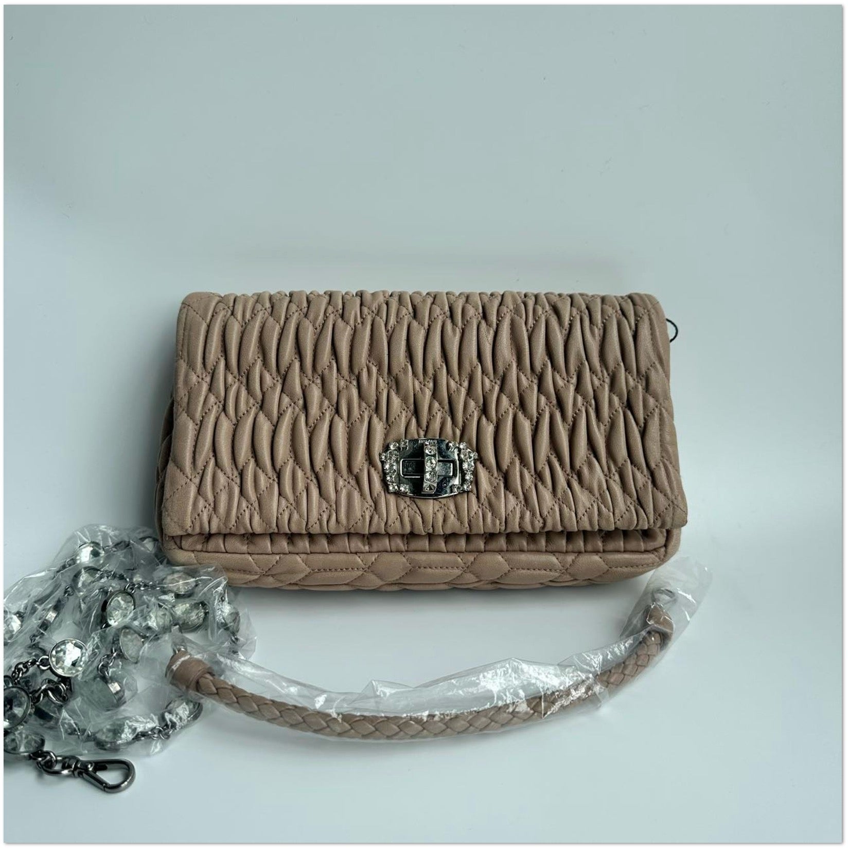 Miu Miu Taupe Matelassé Leather Crystal Flap Bag C19499610339