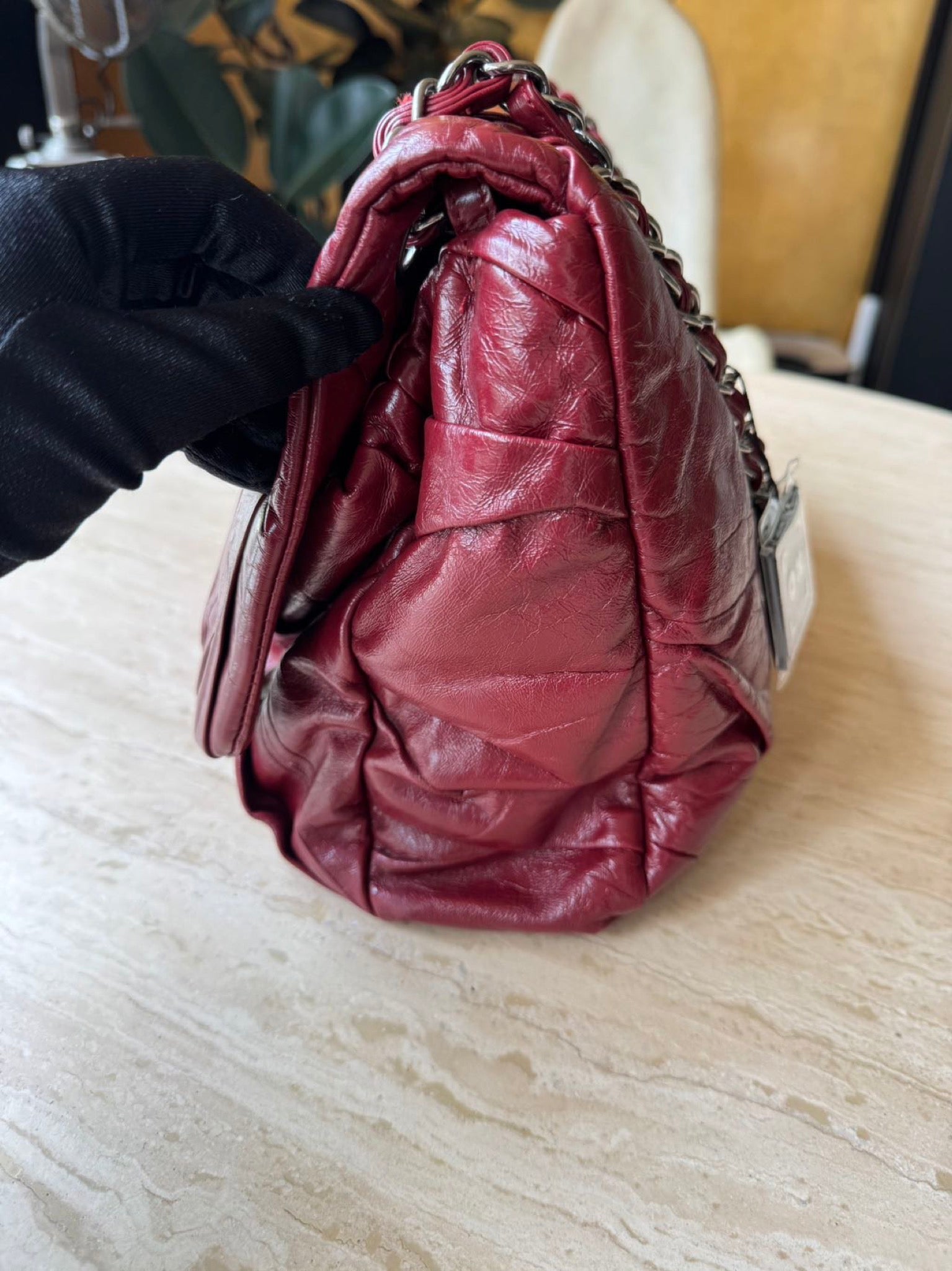Chanel XXL Airport Flap Bag Burgundy Waxed Leather Silver Hardware image 15