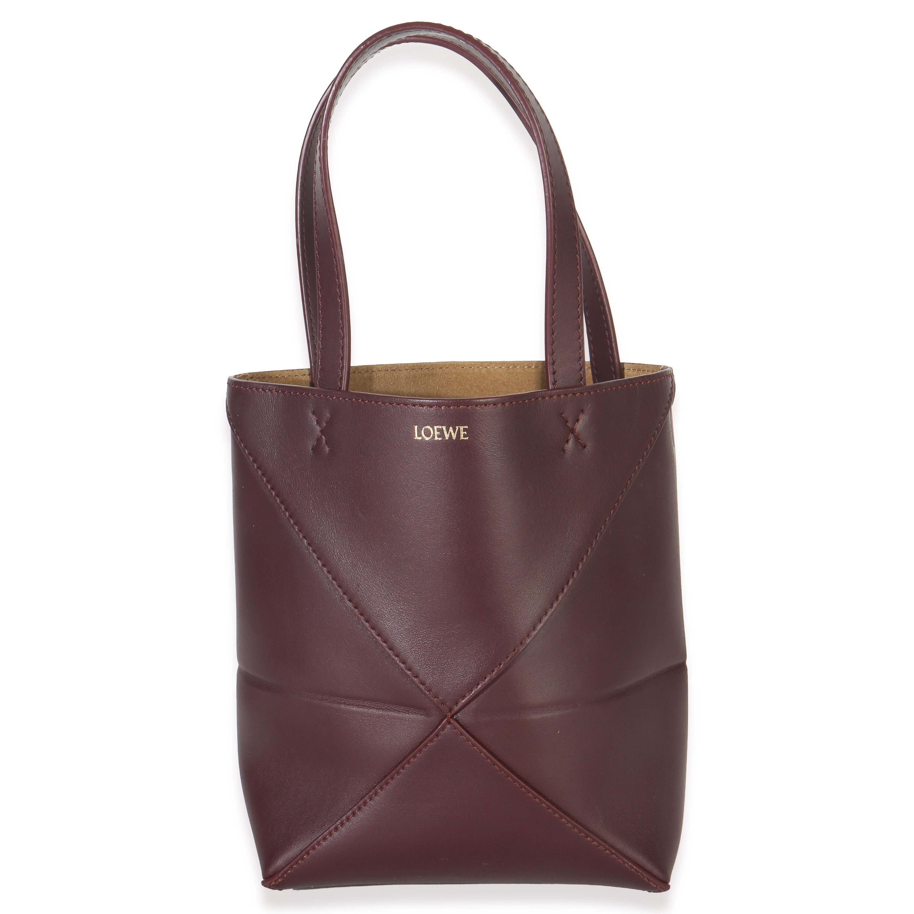 Loewe Burgundy Calfskin Mini Puzzle Fold Tote Handbag fv