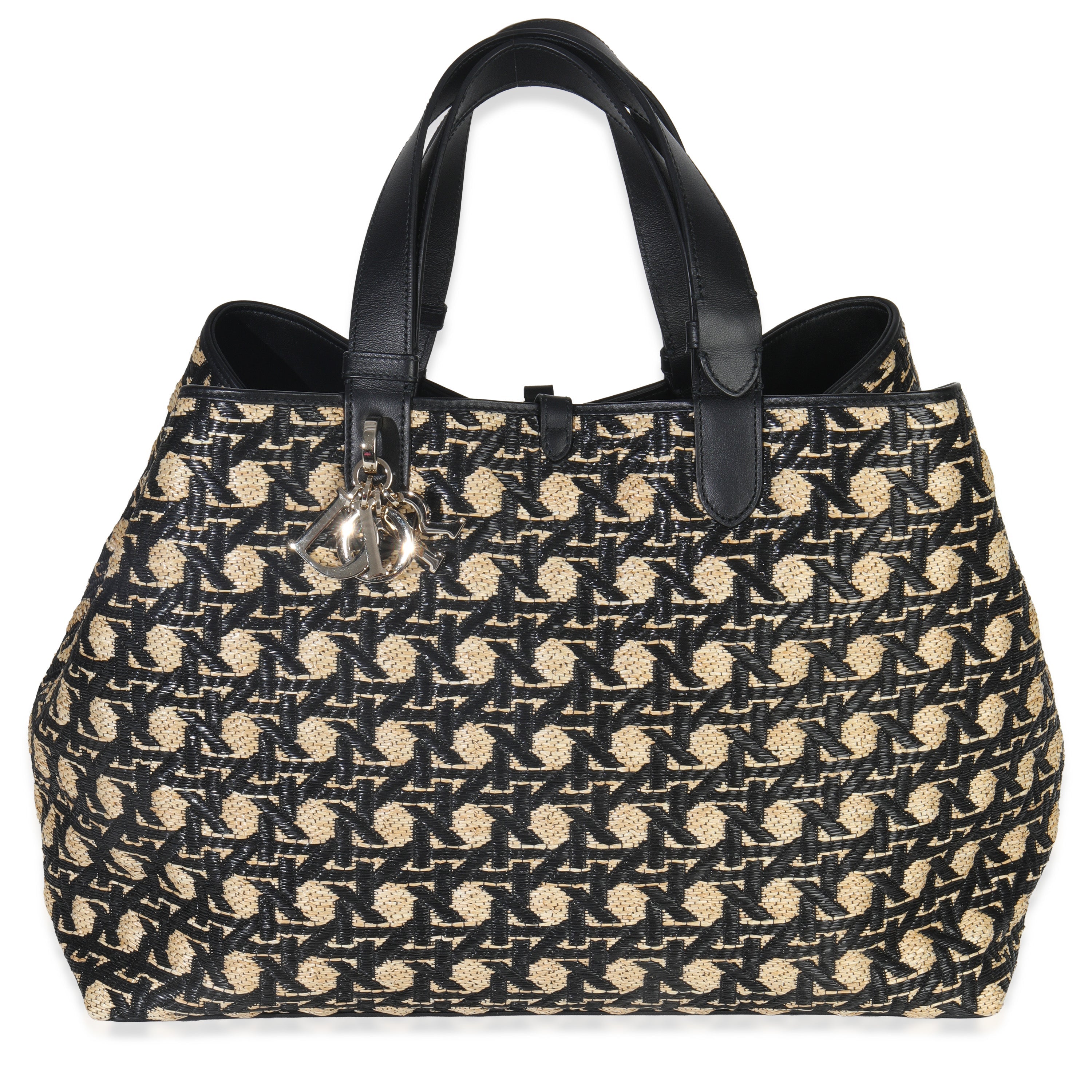 Christian Dior Beige Black Graphic Cannage Raffia Large Toujours Handbag fv