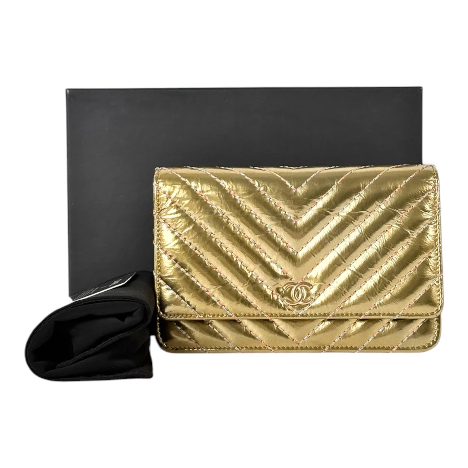 Chanel Metallic Chevron Gold WOC Bag - Full Set