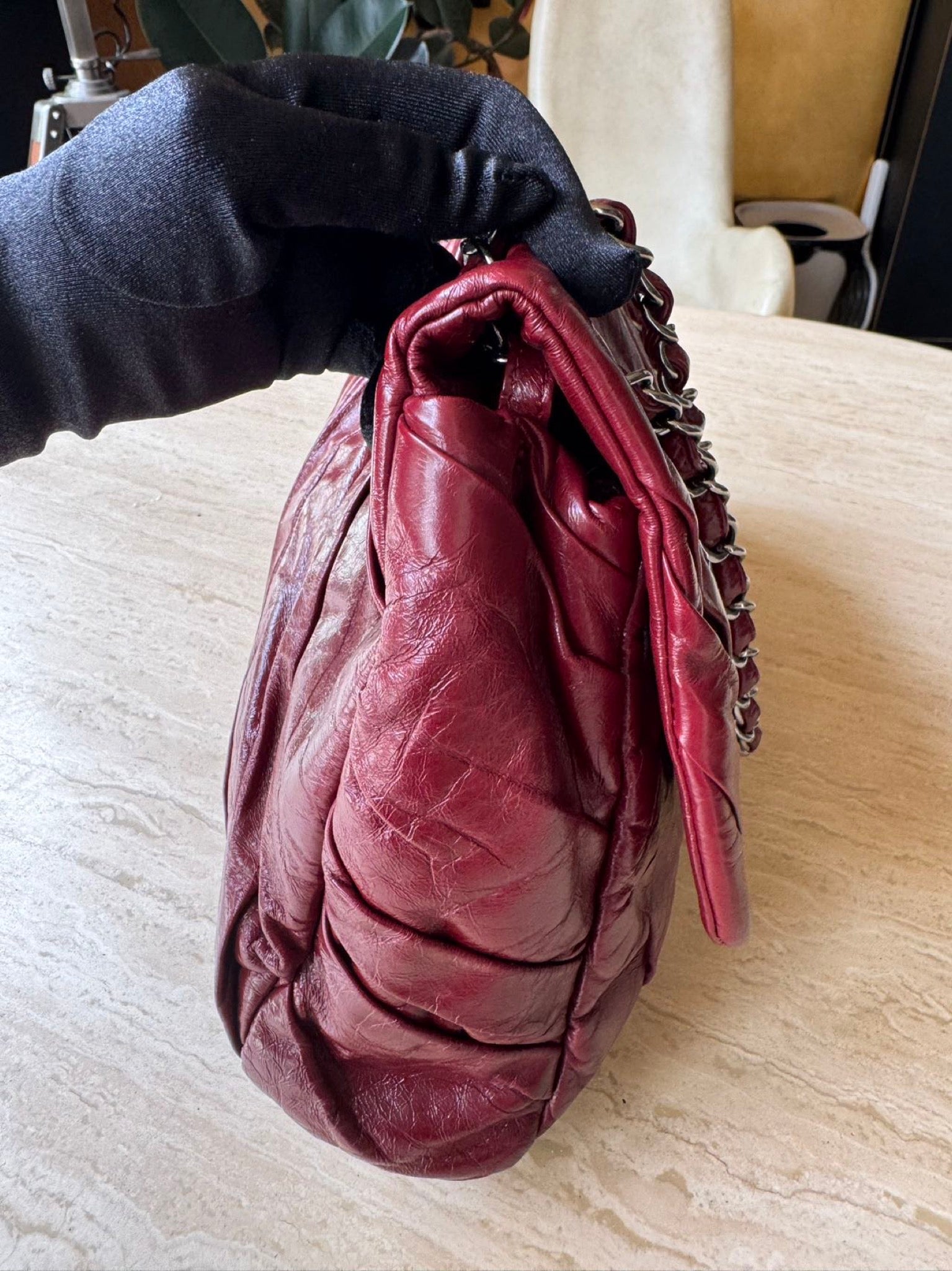 Chanel XXL Airport Flap Bag Burgundy Waxed Leather Silver Hardware image 18