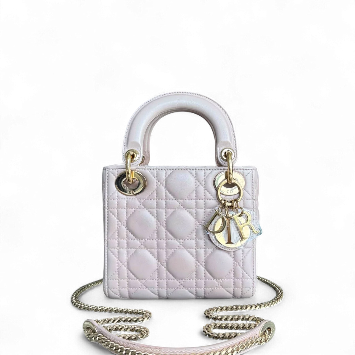 DIOR LADY MINI - CANNAGE LAMBSKIN LIGHT PINK GOLD HARDWARE CHAIM STRAP SYCM529