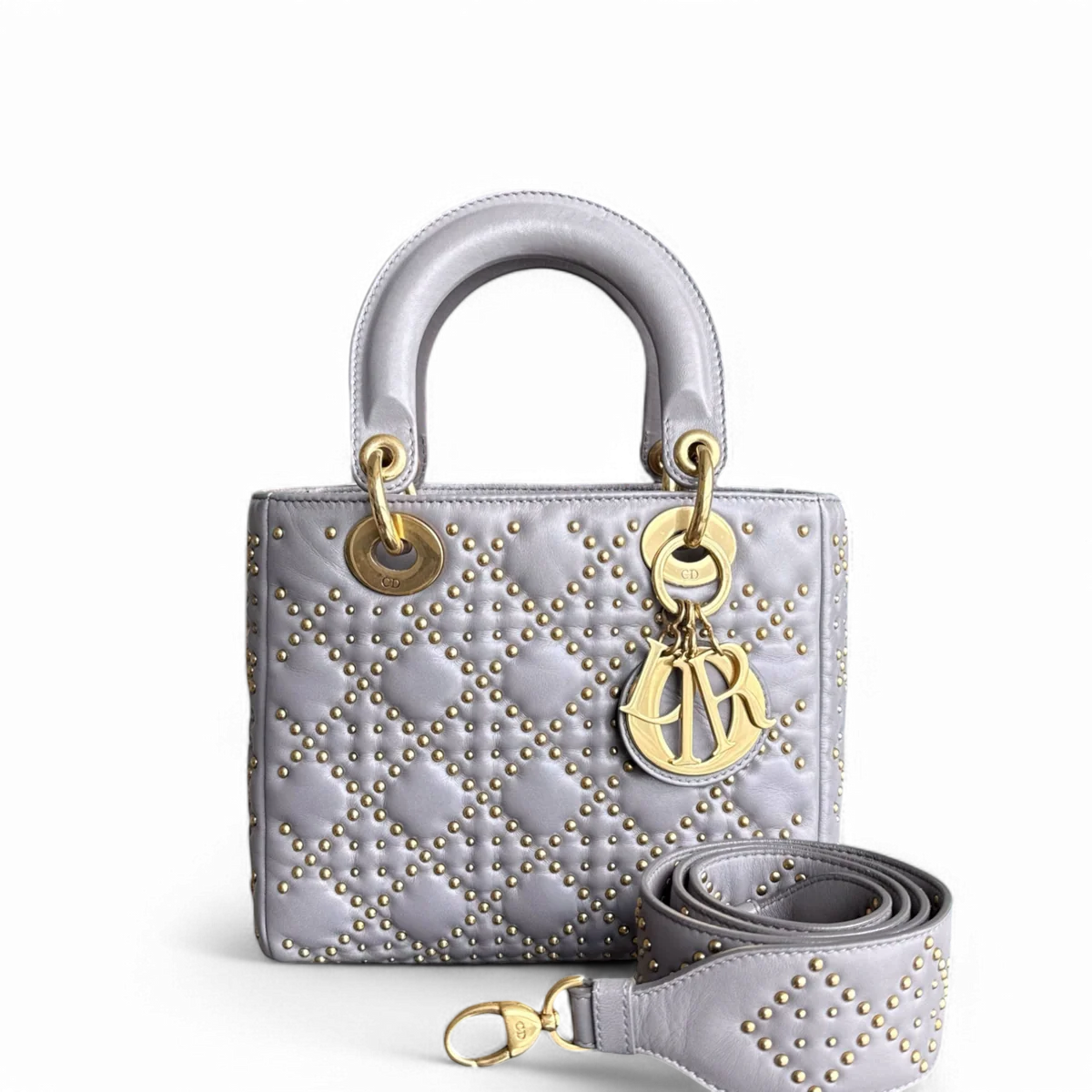 DIOR LADY SMALL - STUDDED LAMBSKIN CANNAGE GREY GRAY GOLD HARDWARE SYCM531