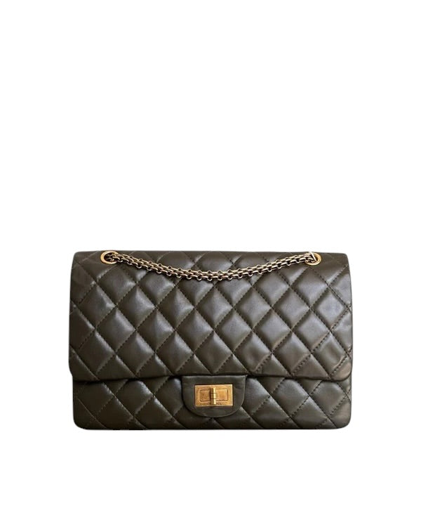 CHANEL 2.55 REISSUE 227- QUILTED AGED CALFSKIN DARK ARMY GREEN GOLD HARDWARE SERIES 13 SYCMCA135