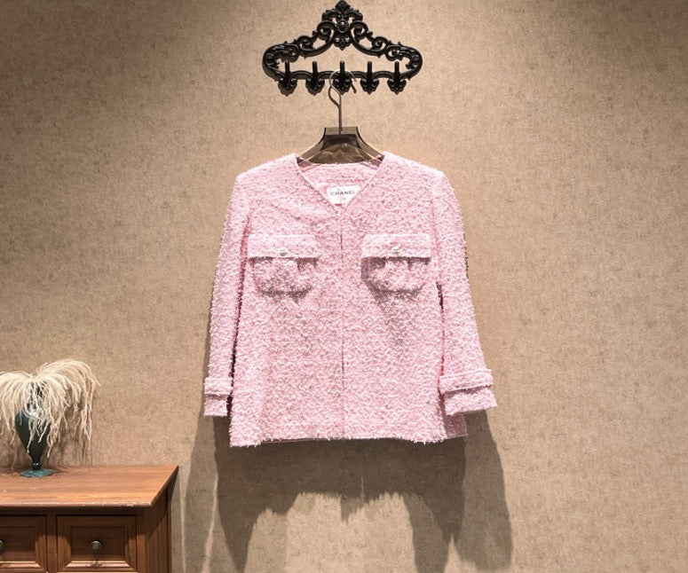 Chanel 21C Cherry Blossom Pink Tweed Long Coat / Size 36 / Brand New / 42625 SYCF42625