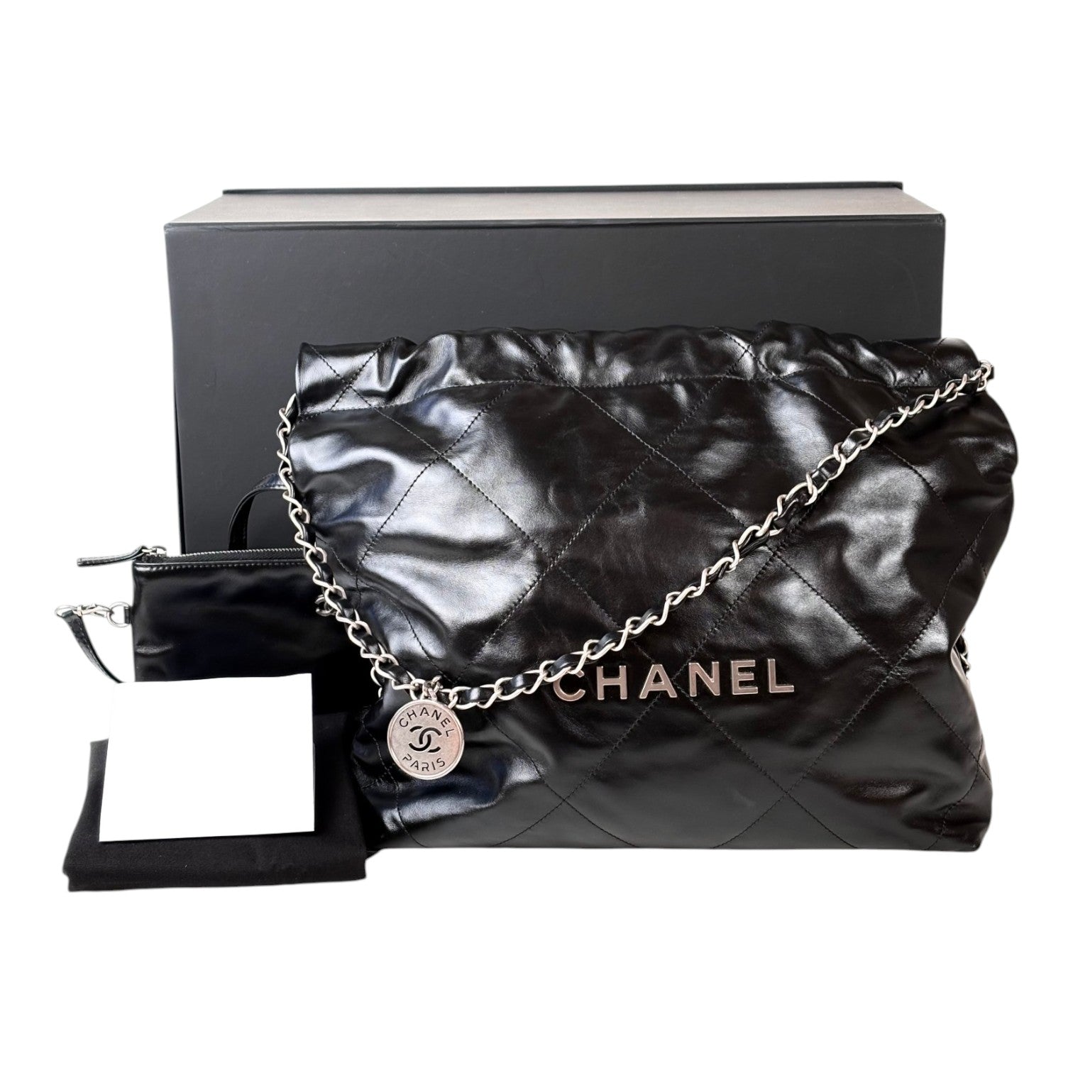 Chanel 22 Small Bag Black Calfskin Silver - Full Set