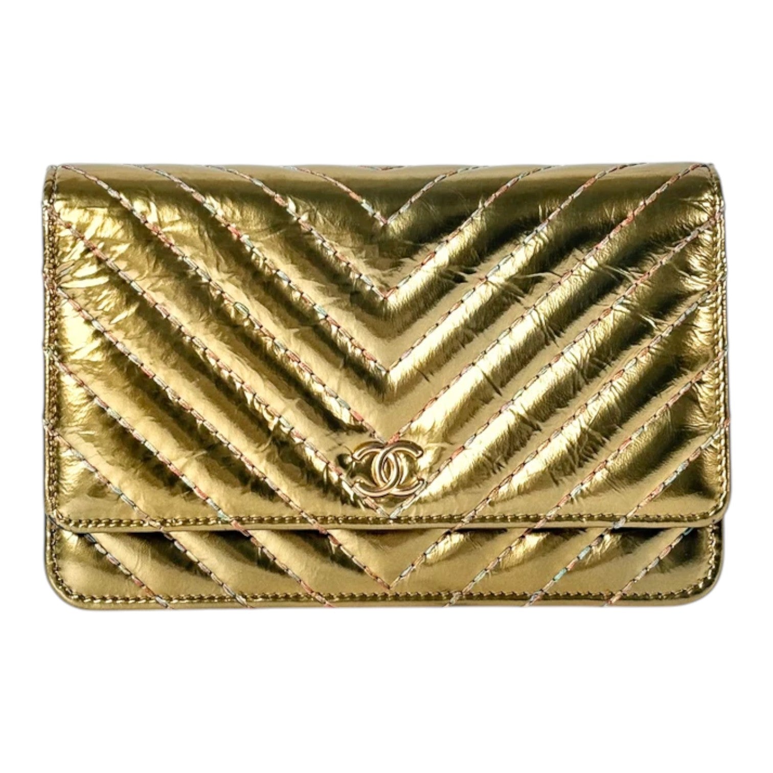 Chanel Metallic Chevron Gold WOC Bag - Full Set