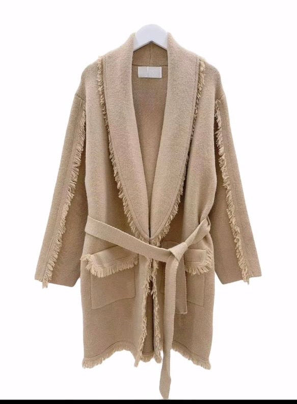 fringe wrap cardigan with belt camel zah26
