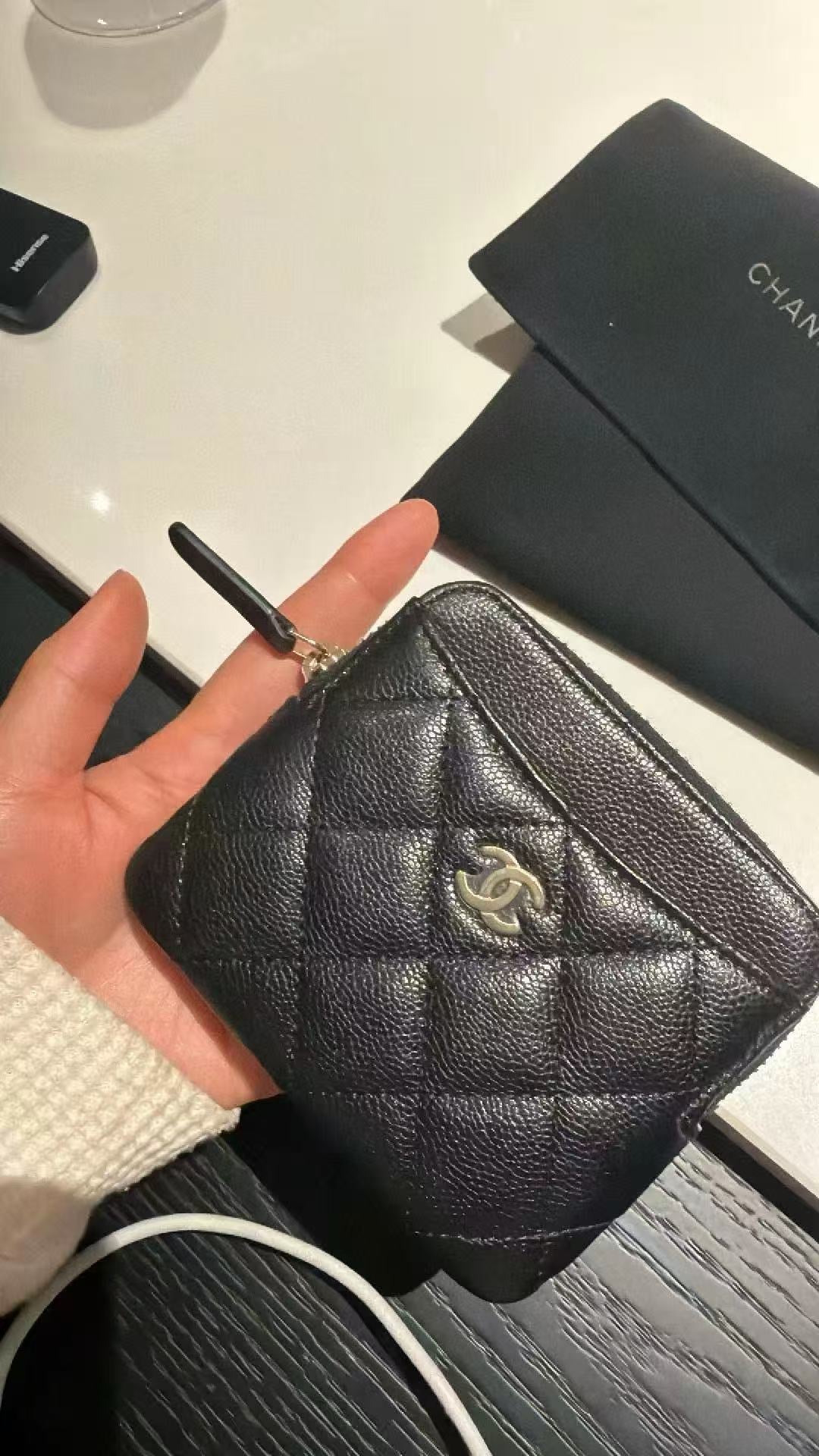 Chanel Caviar Quilted Zip Card Holder Wallet Black