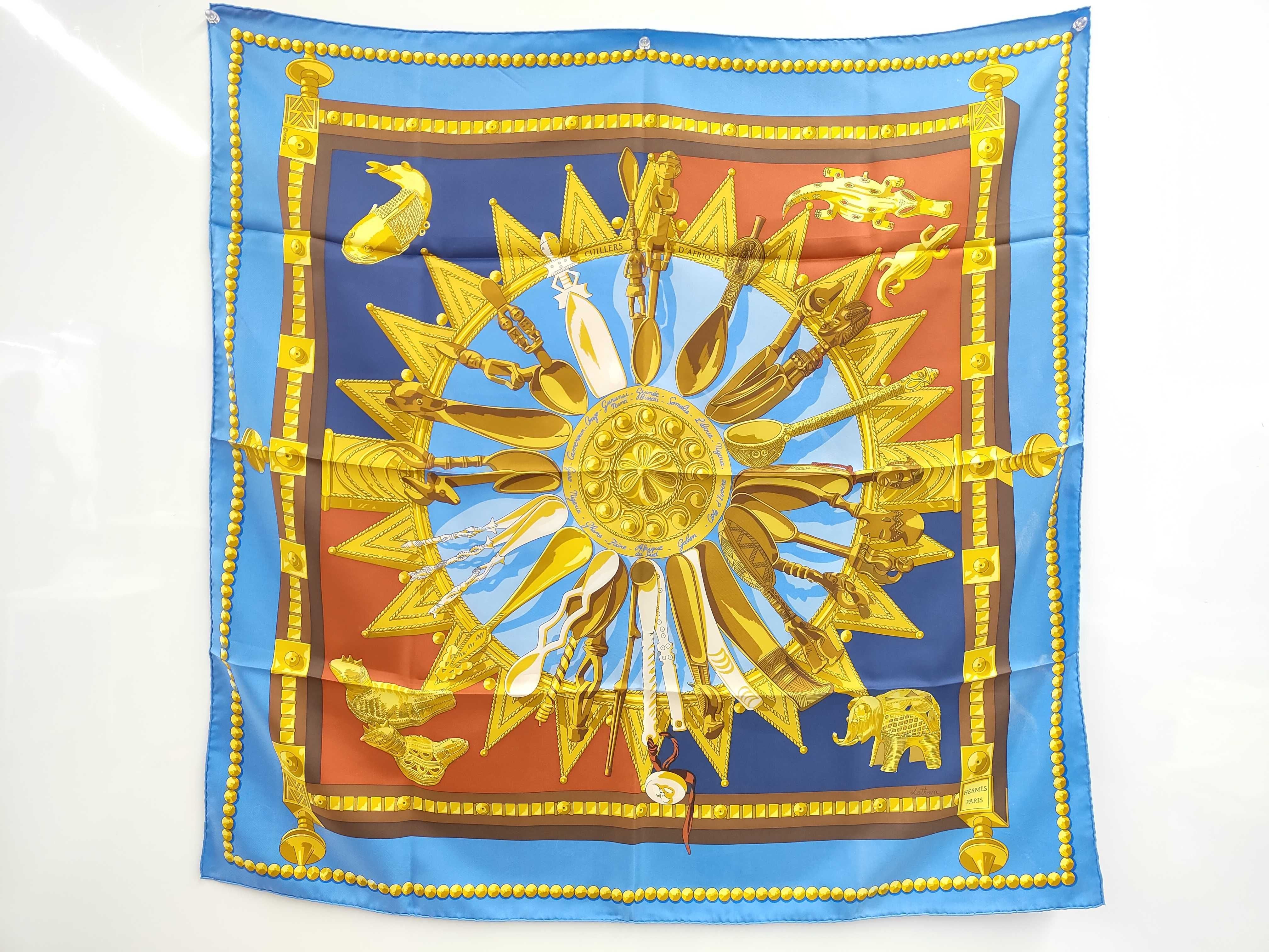 (12453_0086) HERMES 100% Silk Carre 90 African Spoon Blue Yellow Other Accessories x0mg4gh14z AKC1098
