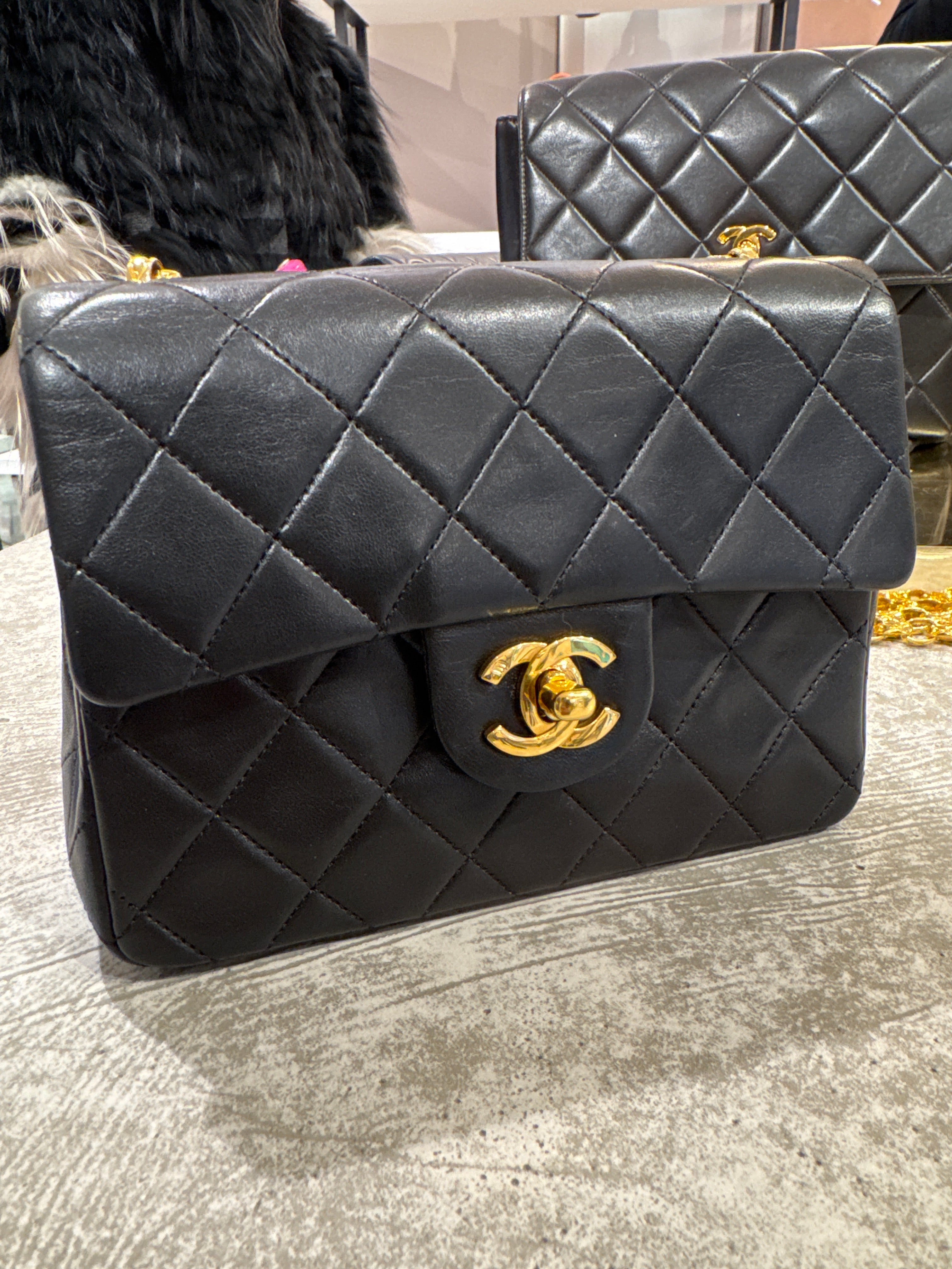 CHANEL VINTAGE MINI SQUARE 17 CHAIN SHOULDER BAG BLACK LAMB SKIN DBXS2153