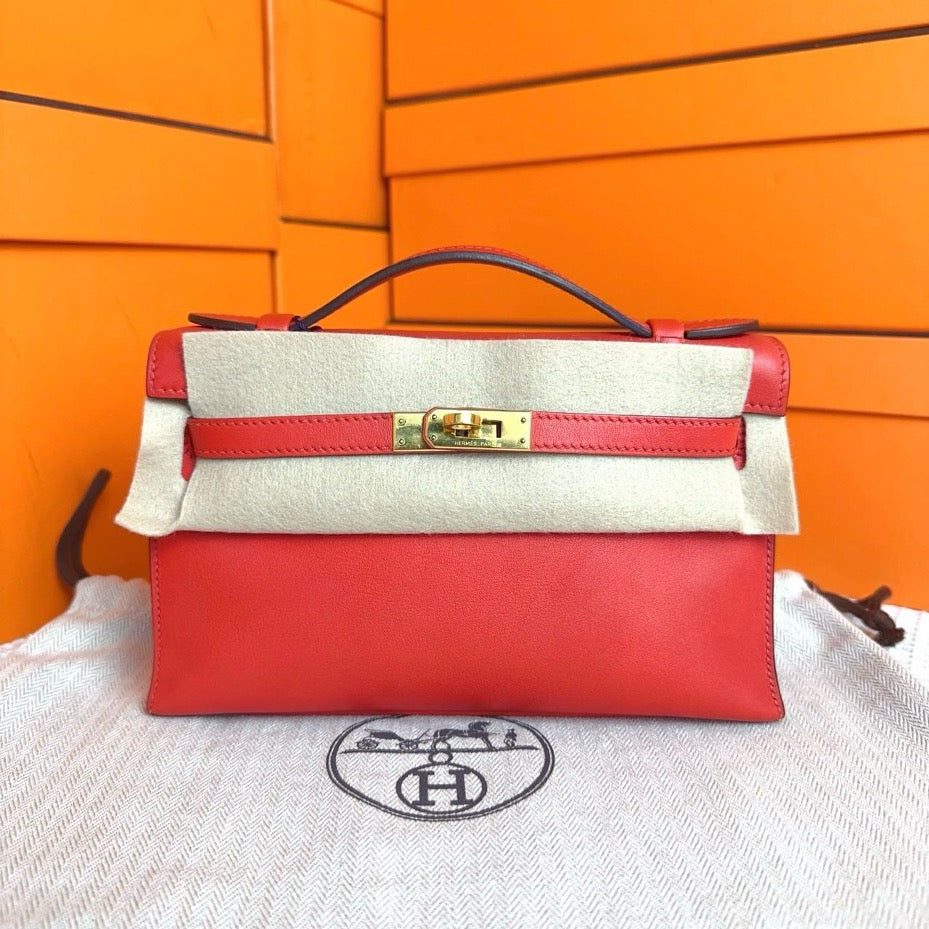 *Hermes Kelly Pochette Rouge Tomate Swift GHW #X SYC2175