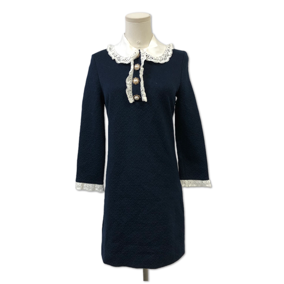 Miu Miu Navy Lace-Trim Pearl-Button Mini Dress size S FQ0113114009