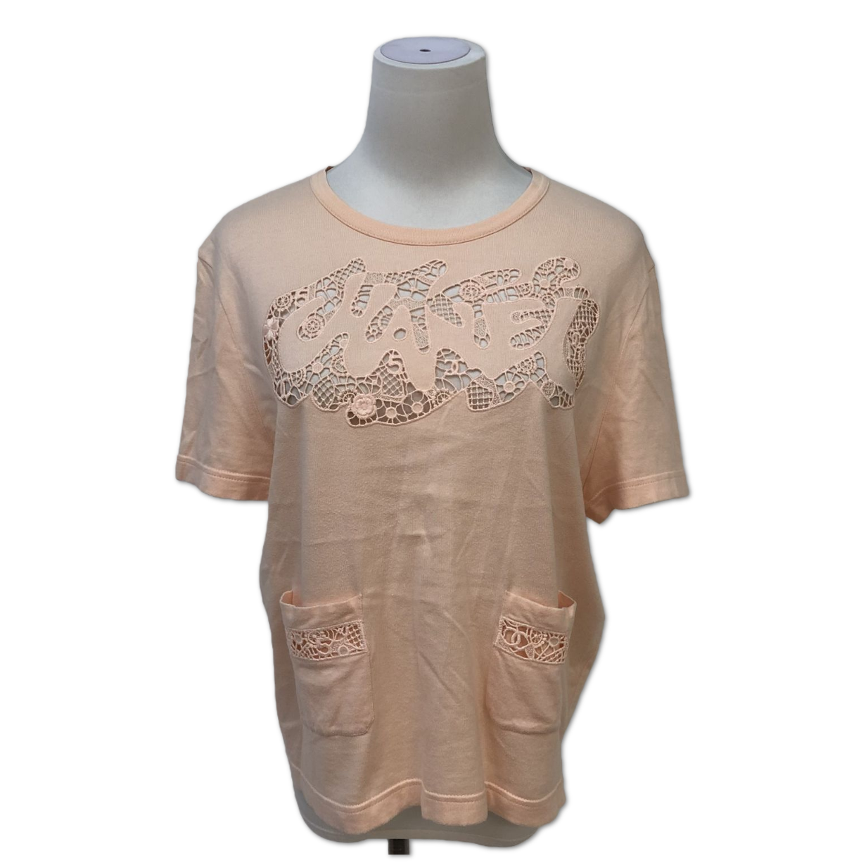 Chanel Peach Lace-Logo Cutout Pocket T-Shirt size 38/40 C18353248526