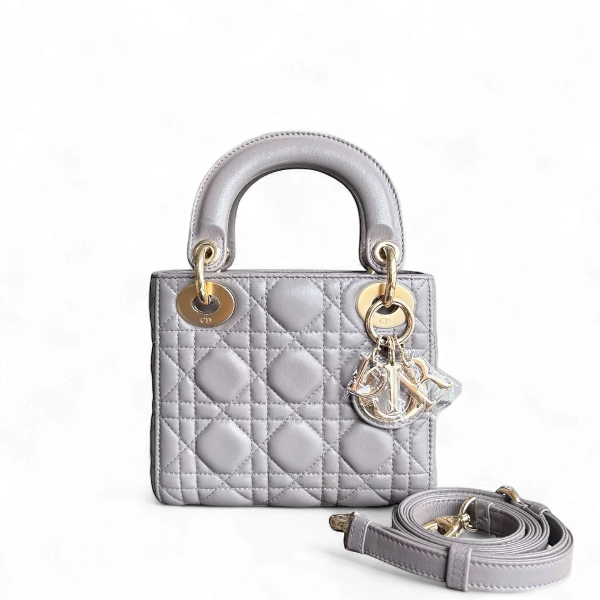 DIOR LADY MINI - CANNAGE LAMBSKIN GREY GRAY GOLD HARDWARE ADJUSTABLE STRAP SYCM504