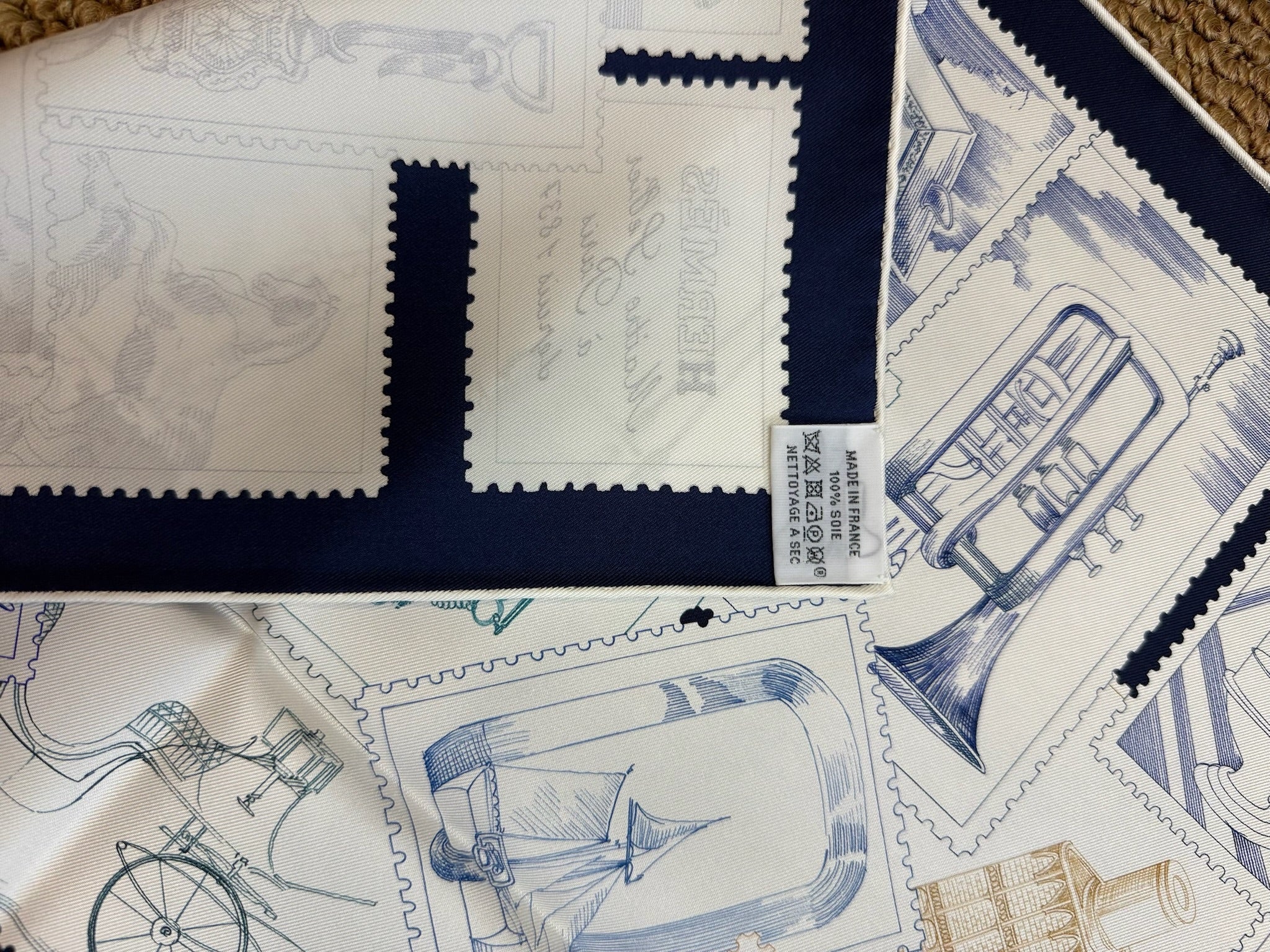Hermès “Fubao Philatelic” 90cm Silk Scarf – Navy Blue / White – 100% Silk – Hand-rolled Edge
