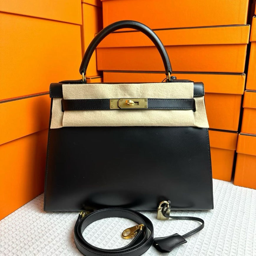 *Hermès Vintage Kelly 28 Sellier Black Boxcalf GHW #Y SYC2181