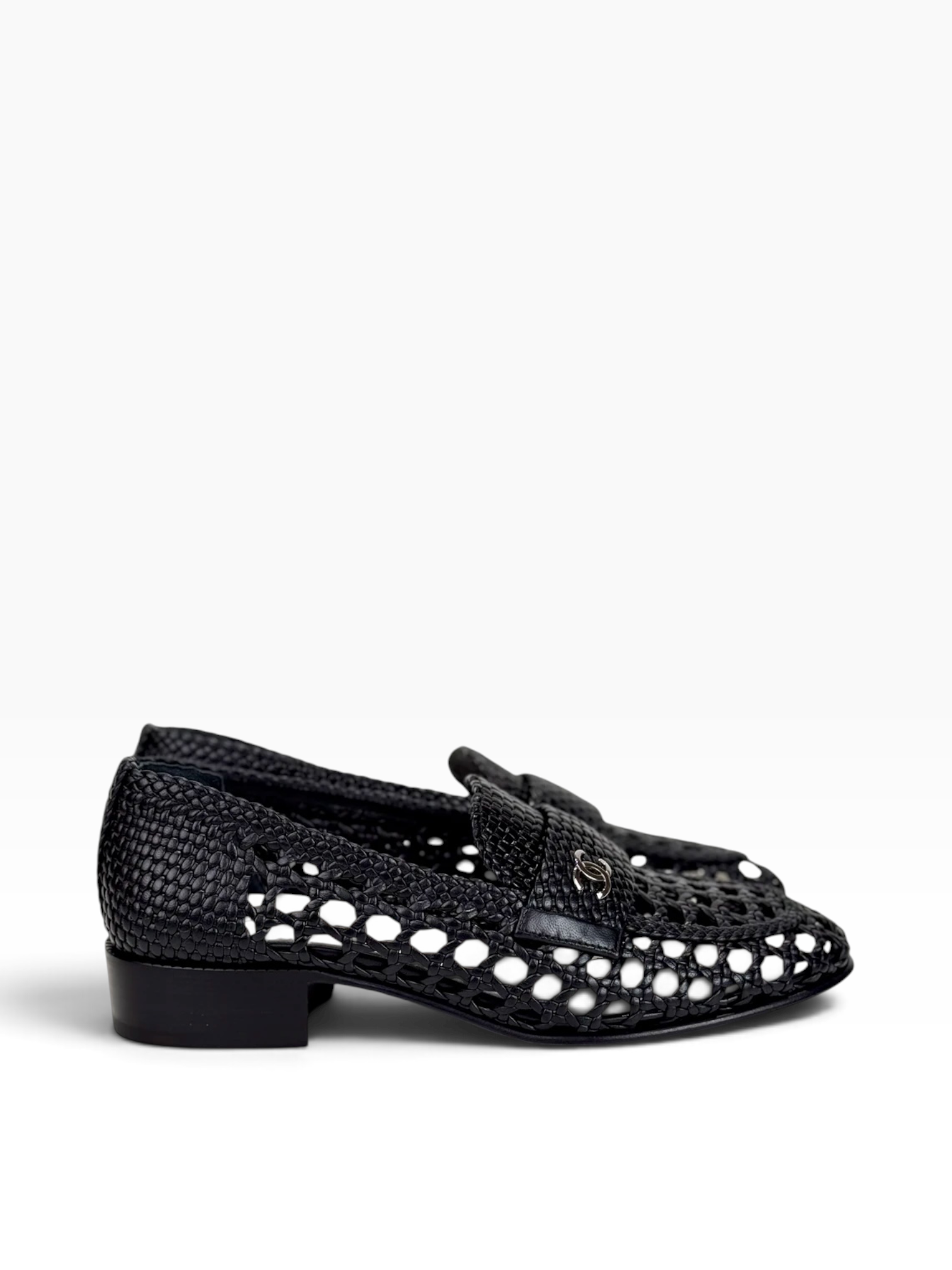 Chanel Shiny Braided Loafers Black #37.5