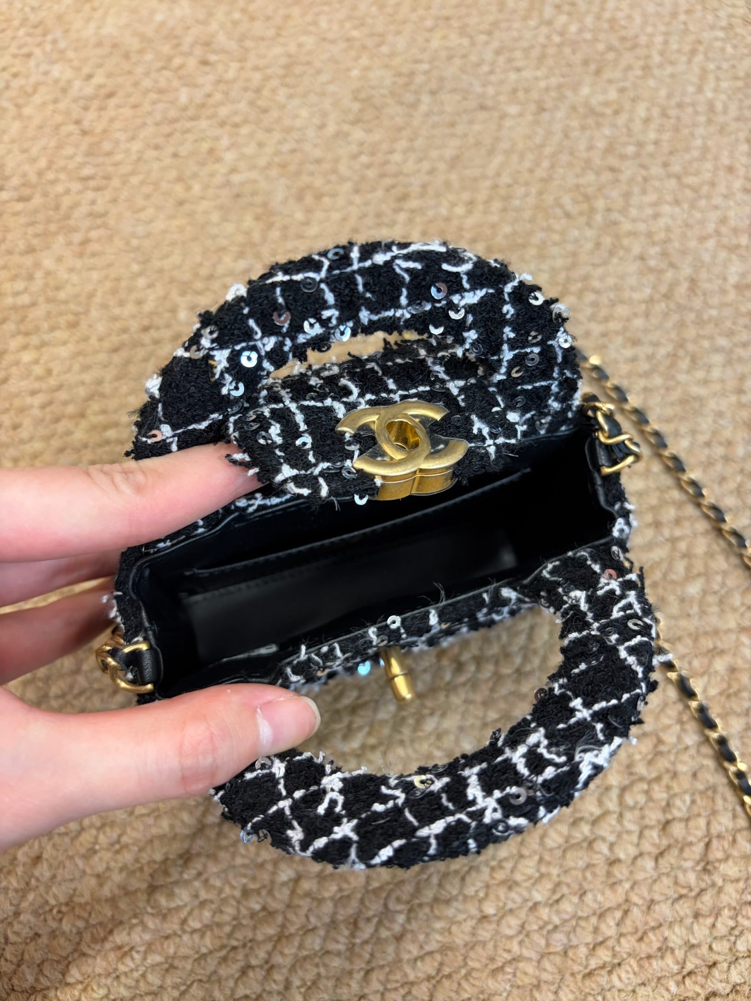 Chanel Tweed Quilted Nano Kelly Shopper Black White