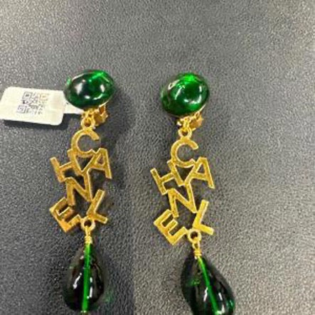 CHANEL 71-80 Green Glass Letter Ear Clips CQ505002
