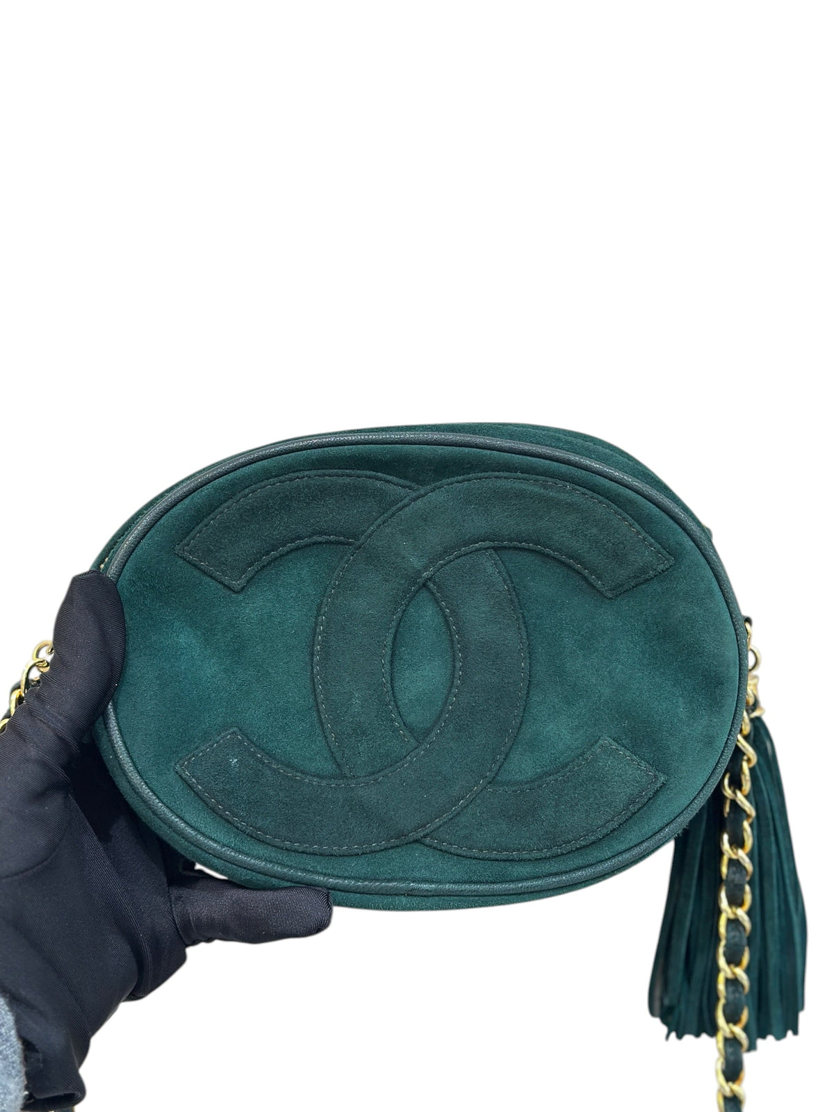 Chanel Vintage Green Suede Tassel Oval CC Bag