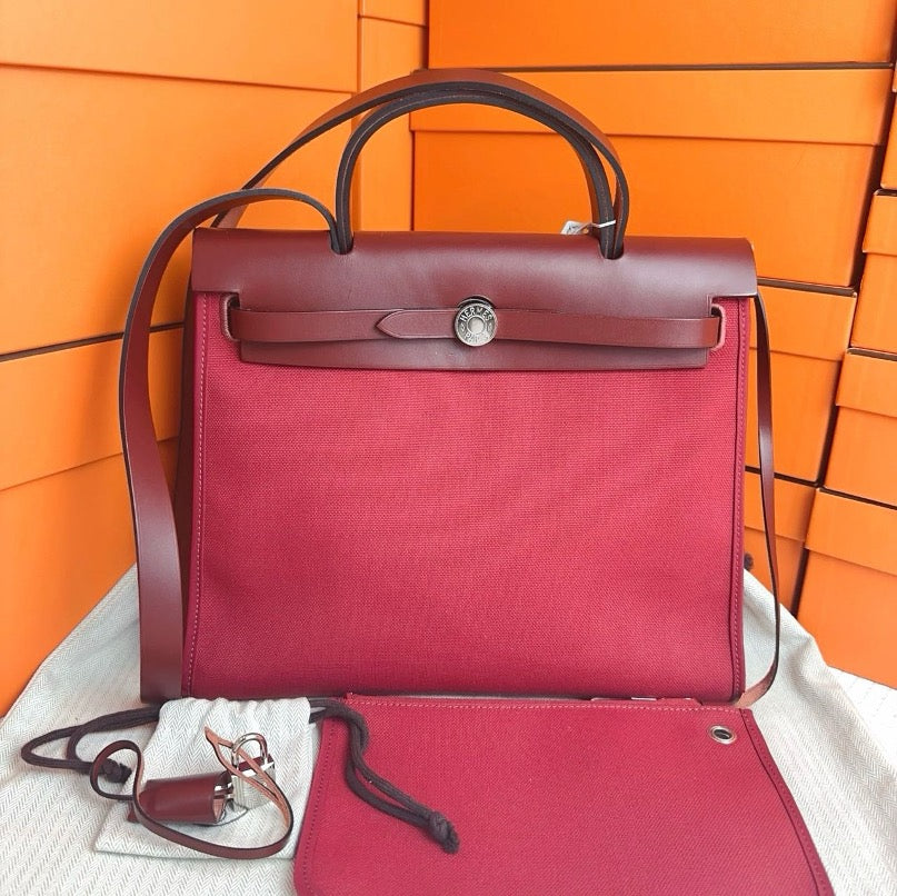 *Hermes Herbag 31, burgundy and pomegranate red, silver hardware with D-stamp.  SYC2182