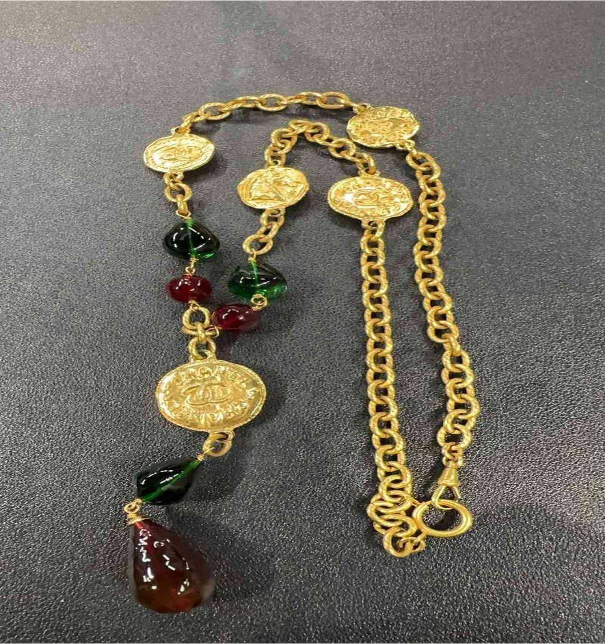 CHANEL Red and Green Glass Gold Coin Necklace NJ601010