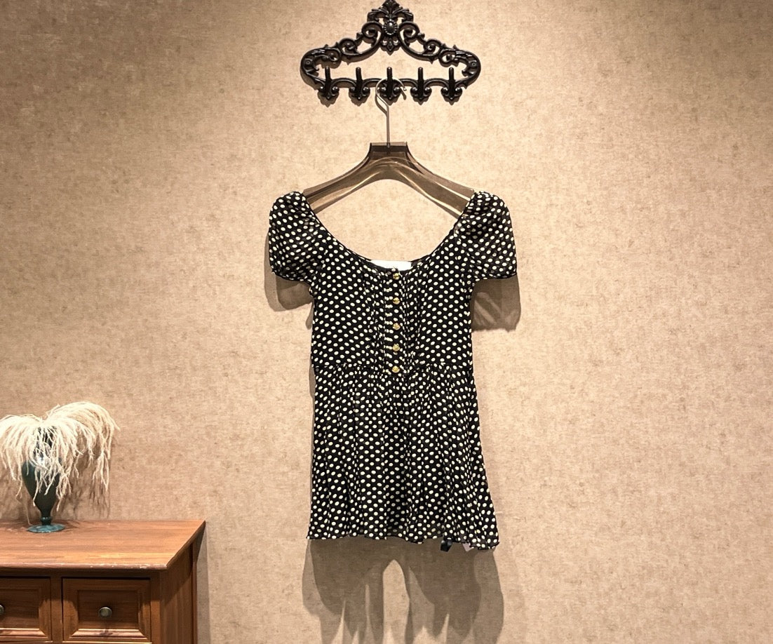 Celine polka dot all-over gold-button silk dress / Size 34 / 99% new / 42428 SYCF42428