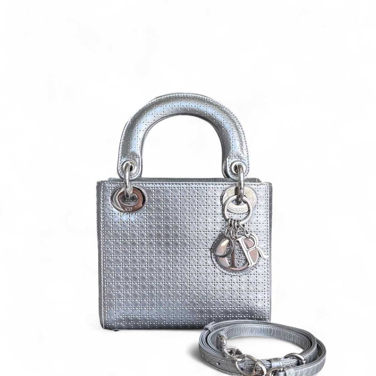DIOR LADY MINI - MICRO CANNAGE METALLIC SILVER HARDWARE ADJUSTABLE STRAP SYCM528