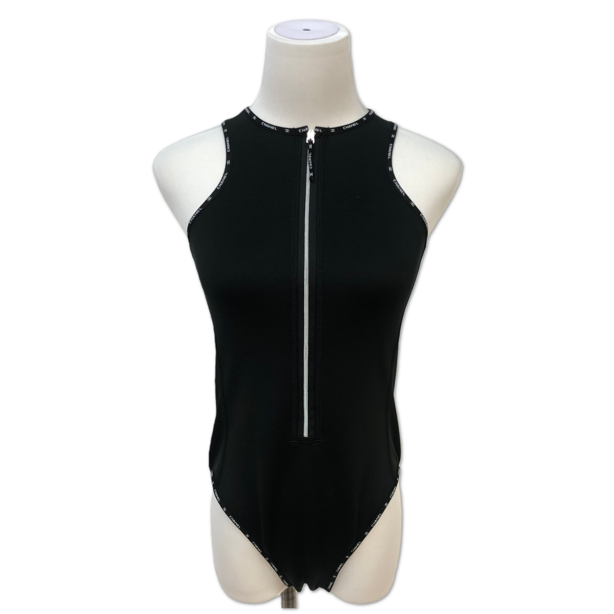 Chanel Black Logo-Trim Zip-Front Bodysuit Swimsut size 36 C18244962815