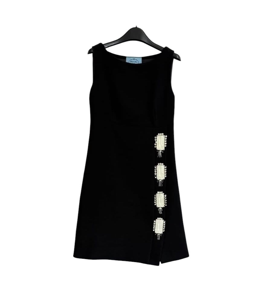 Prada Black Wool Dress with Ivory Crystal Sz 44 SYCYA125