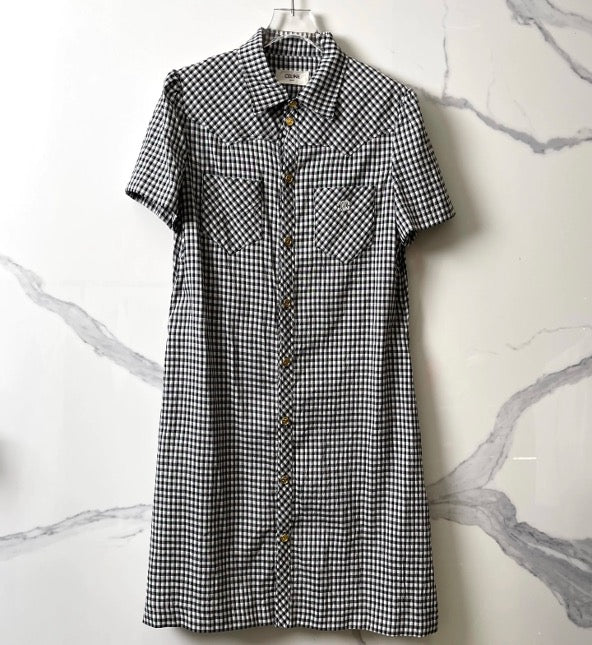 CELINE FW25 TRIOMPHE Embroidered Shirt Style Western-Style Cutout Short-Sleeve Dress, Size 36 LZ260811BH9996