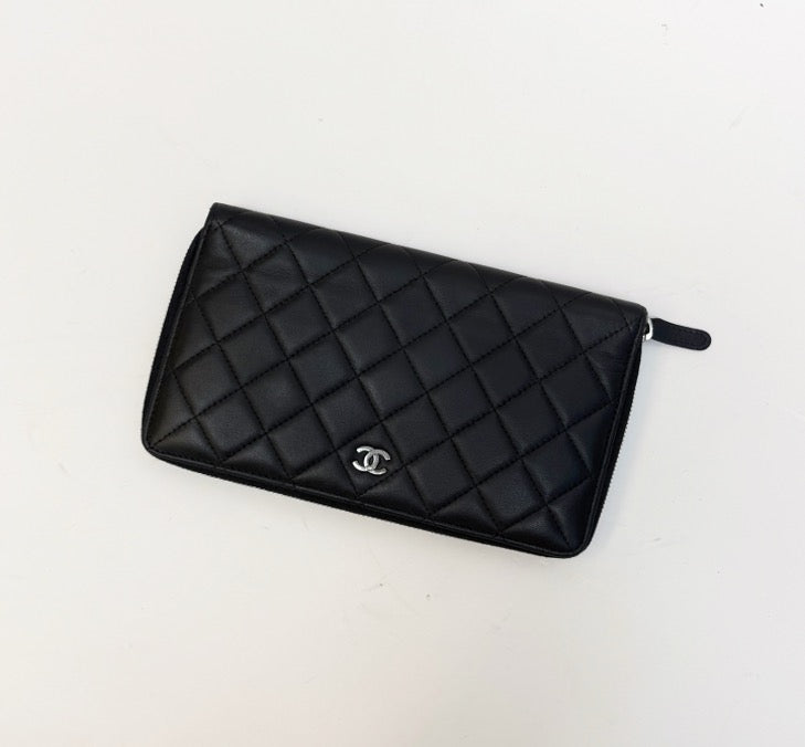 Chanel Black and Silver Leather CF Quilted Long Wallet, Size 20 (155cm, no cards) 24353782