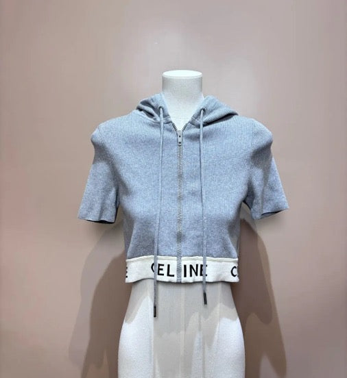 CELINE FW22 Color Block Logo Knit Zipper Short Hooded T-Shirt, Size L QZ0227HH9921