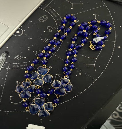 FM Four-Leaf Clover Deep Blue Glass Necklace LZ404105