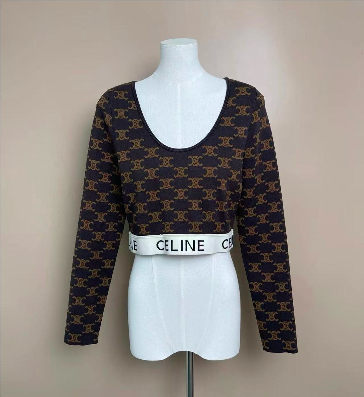 CELINE Triomphe Brown Jacquard Cropped Knit Top, Size L XD26522VG9991