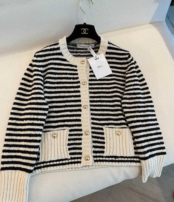 Dior black and white striped knit cardigan with gold buttons, size 38 SYCC2071