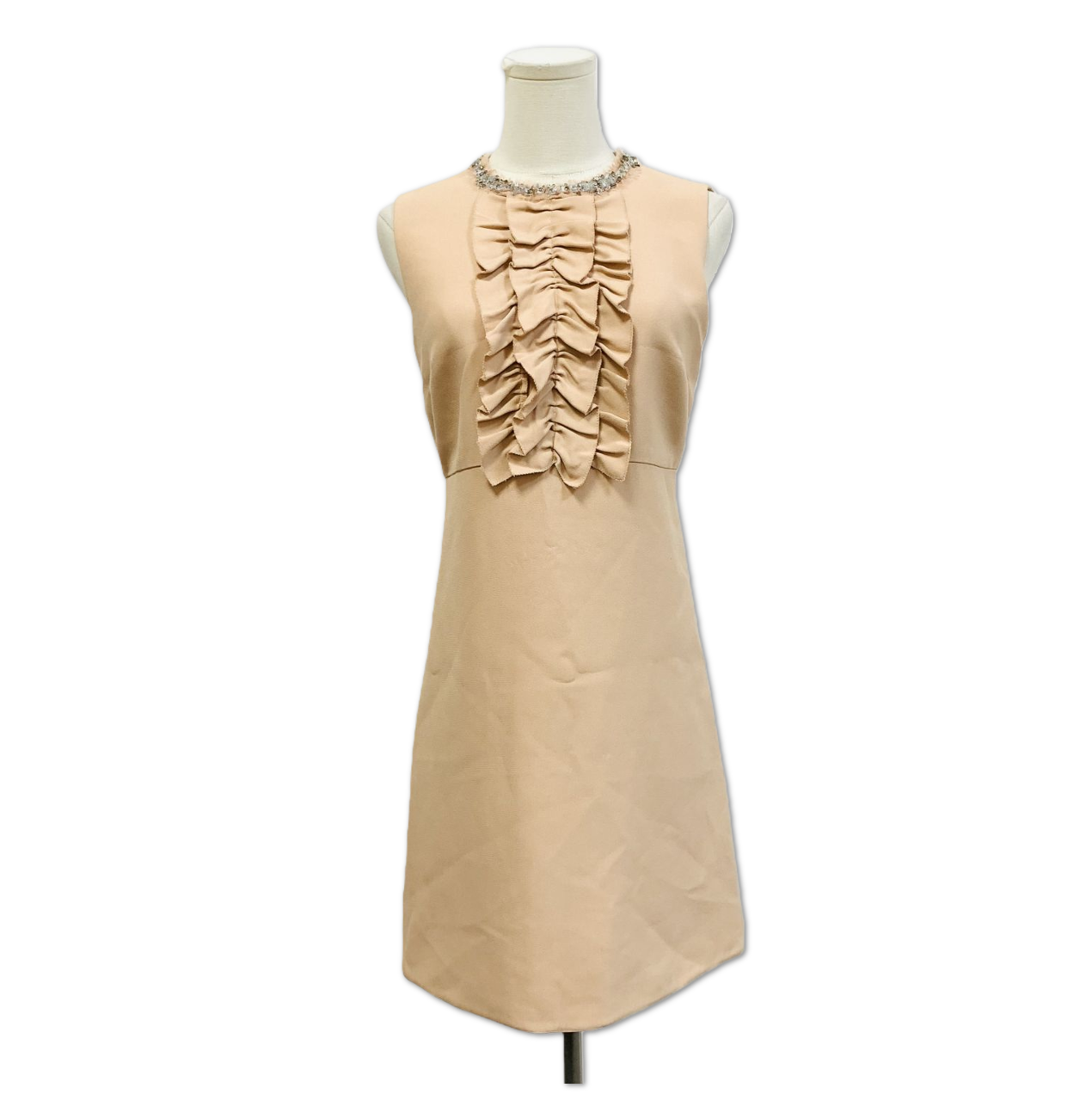 Miu Miu Beige Ruffled Crystal-Trim Sleeveless Mini Dress size 40 FQ0146615128
