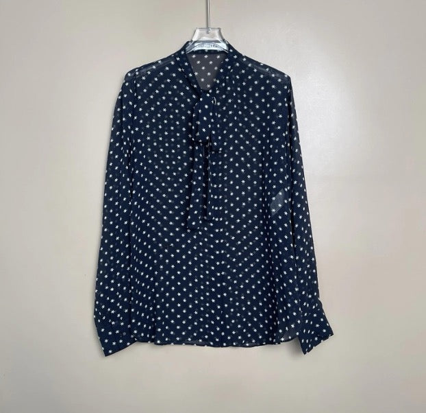 Dior solid color printed V-neck long-sleeved chiffon silk blouse, size 40 SYCC2072