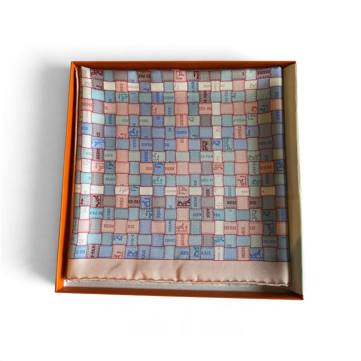 Hermes 90CM Silk Scarf Bolduc Au Carré Bleu Pale/Rose Pale