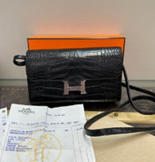 HERMES/Hermes Black and Silver Crocodile Leather Constance Togo Shoulder/Crossbody Bag 3062512171566