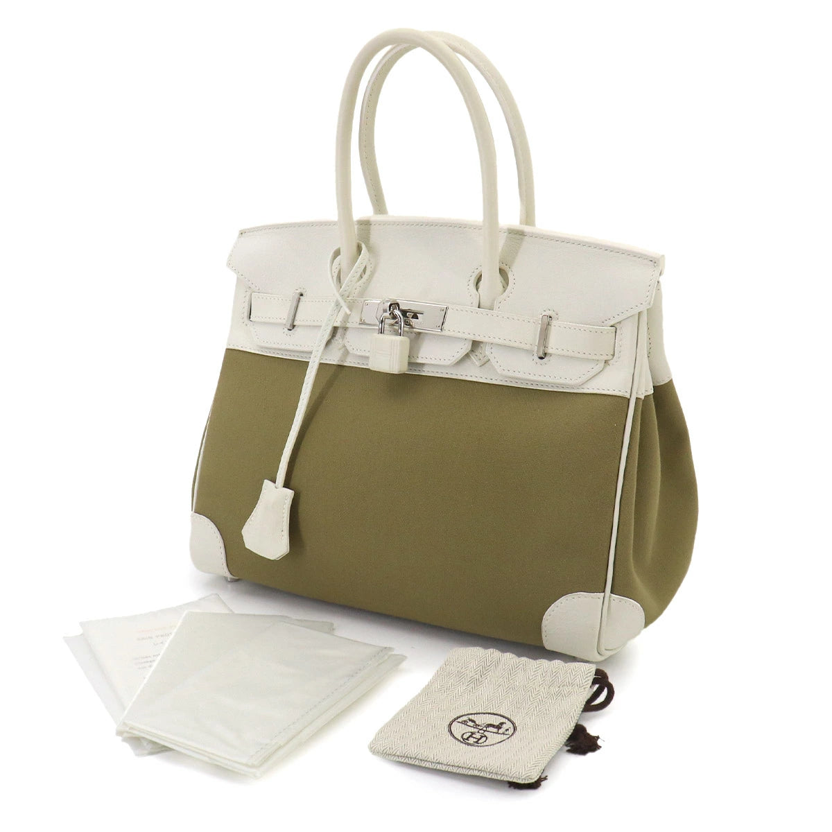 HERMES Birkin 30 toile Swift Khaki White □M Engraved Silver Hardware Birkin Hermes 90329241