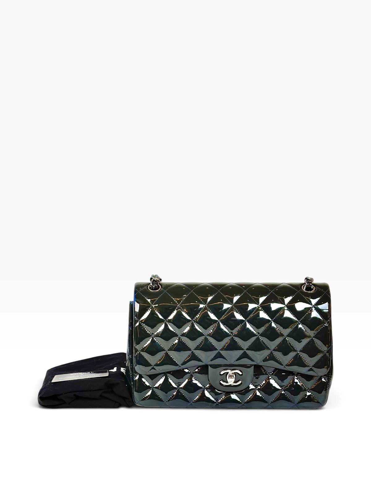 Chanel Classic Flap Jumbo Dark Green / Navy in Patent Leather