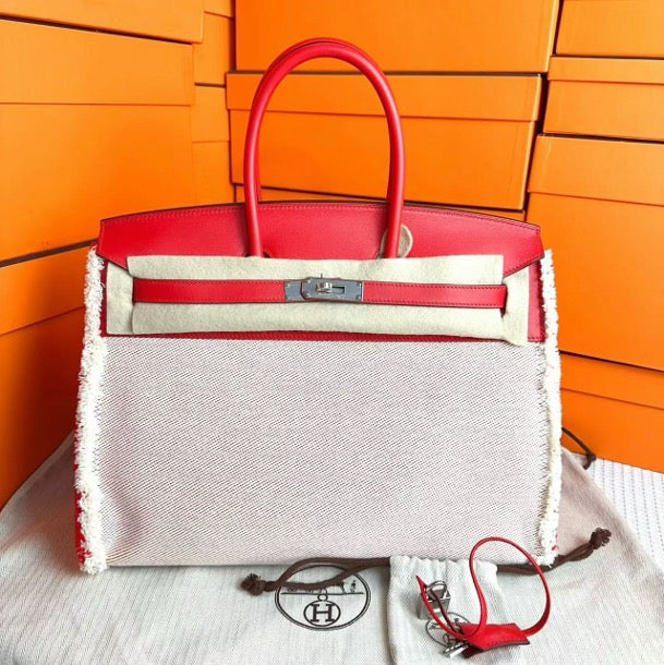 *Hermes Birkin 35 Fray Fray Framboise Swift / Toile PHW #Z SYC2155