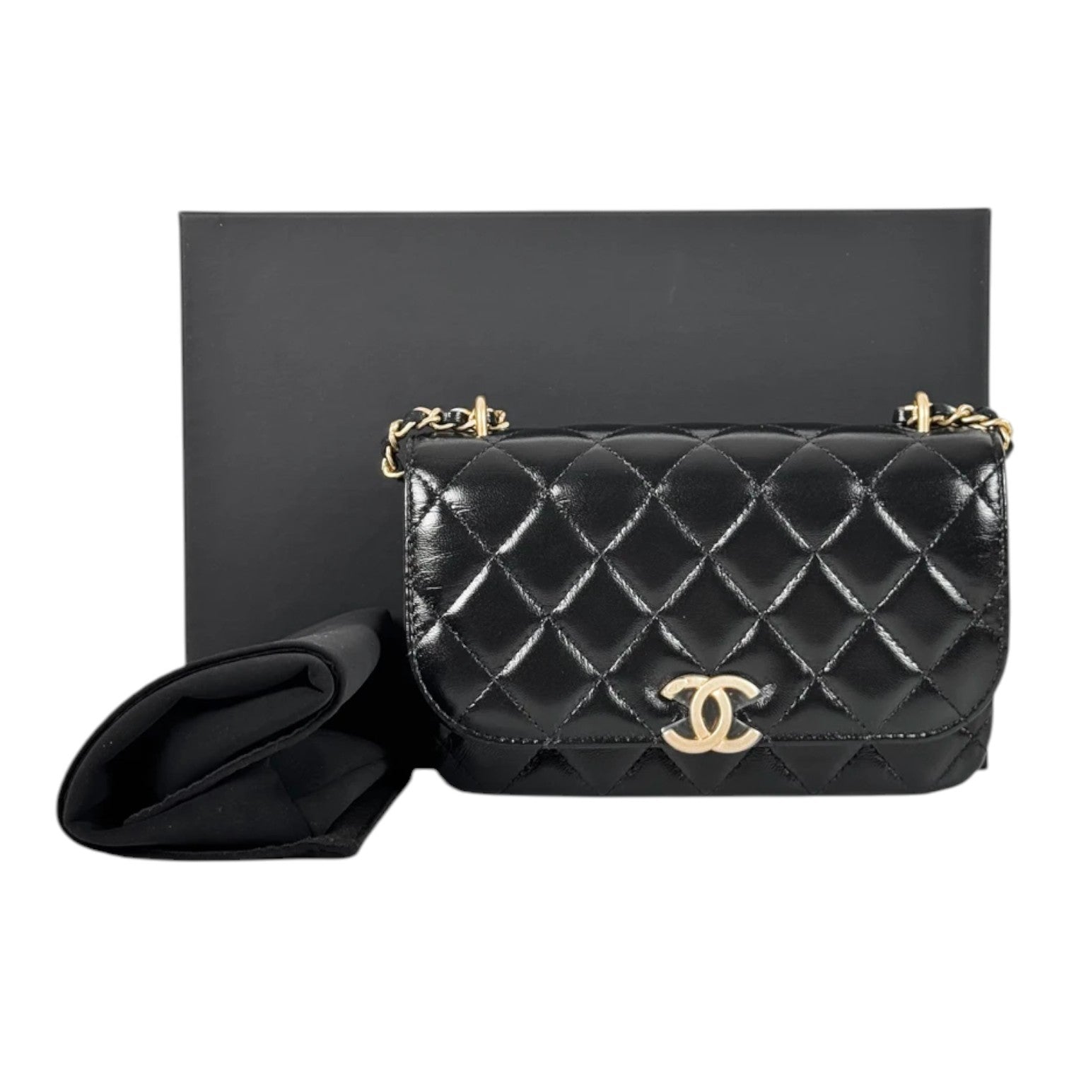 Chanel Black Calfskin Chain Bag with Gold Hardware Logo CC