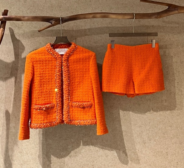 Valentino Orange Tweed Sequined Chanel-Style Shorts Jacket / Size 36/40 / 99% New / 42333